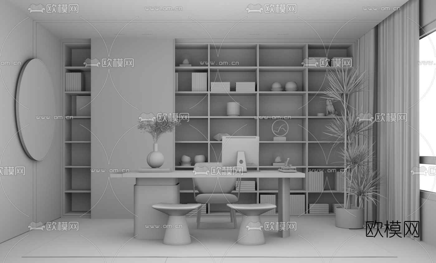 新中式书房su模型下载（渲染图3）