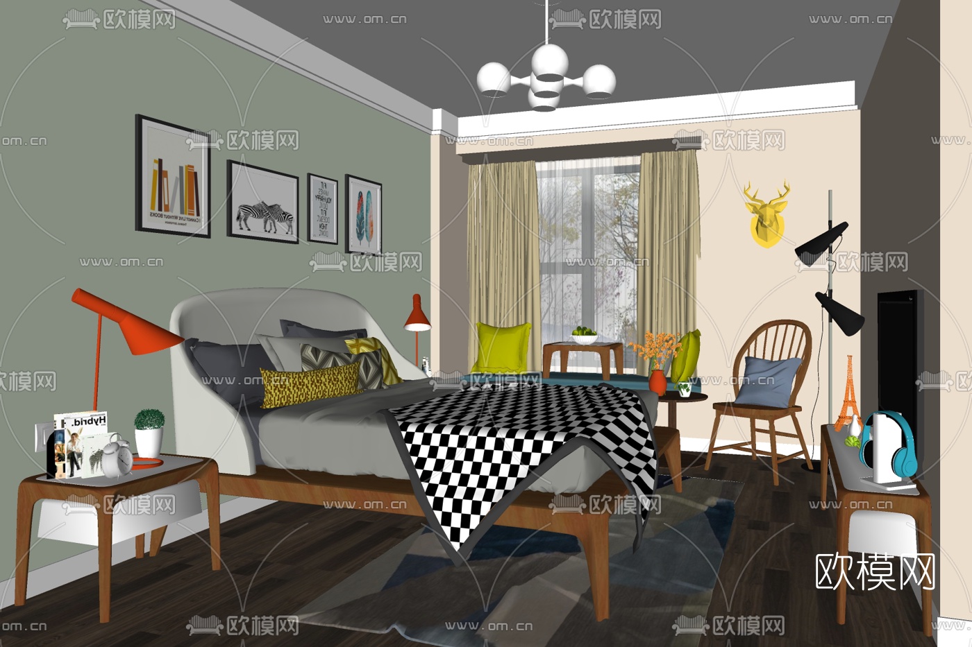 北欧主人房卧室su模型下载