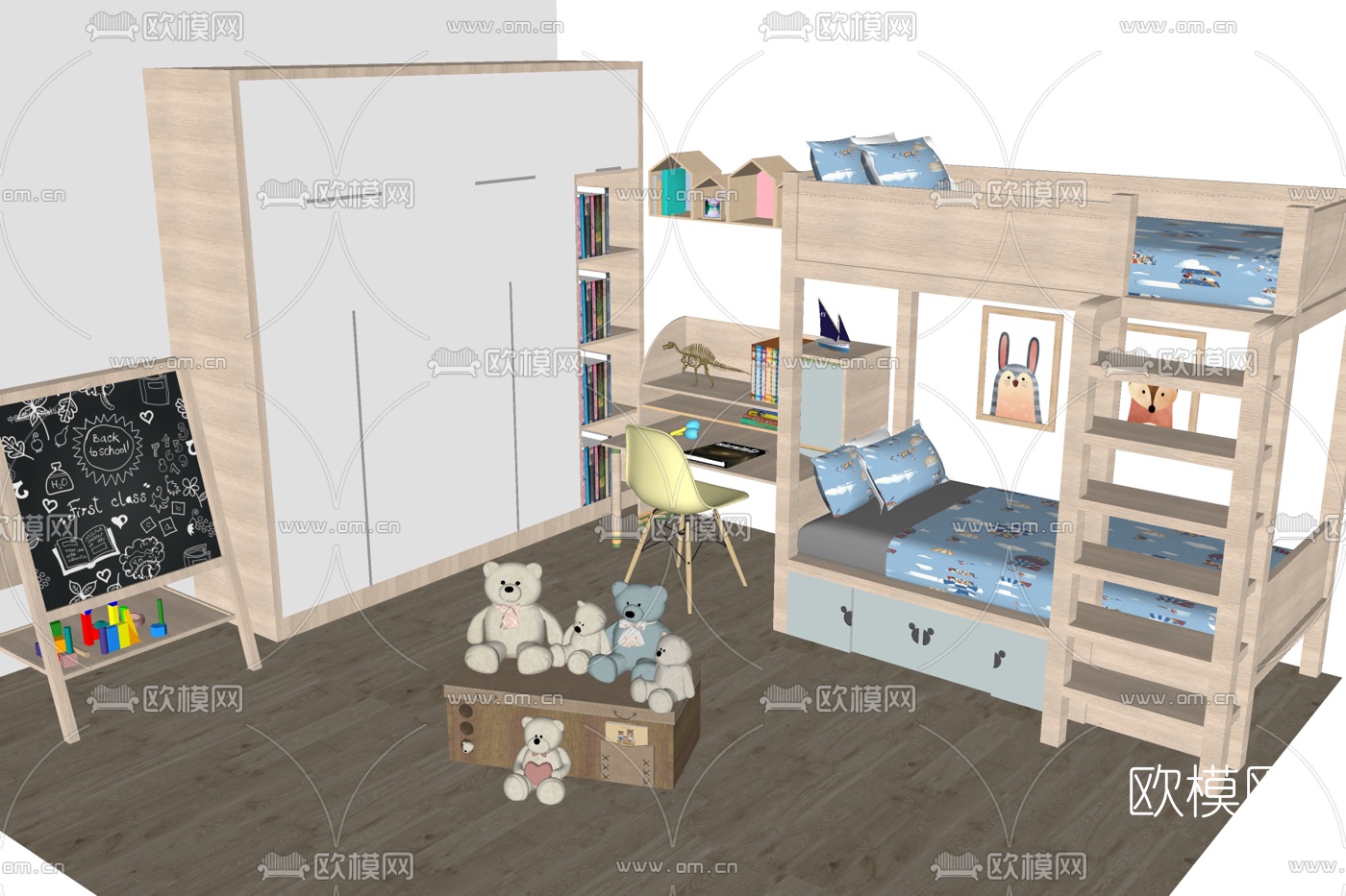 北欧上下铺儿童床su模型下载