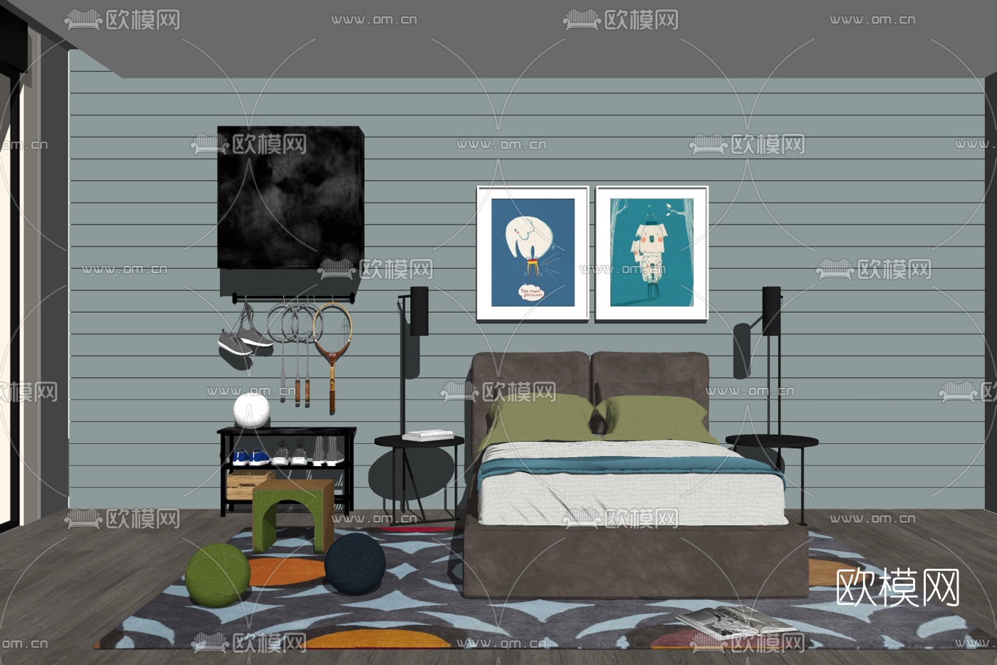 现代布艺双人床su模型下载