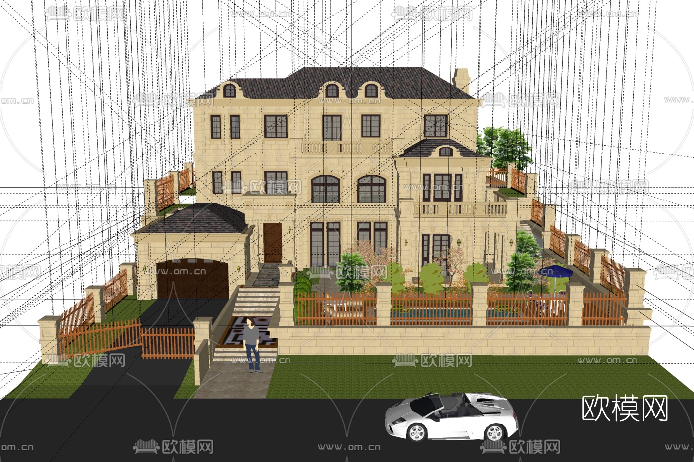 欧式独栋别墅外观su模型下载