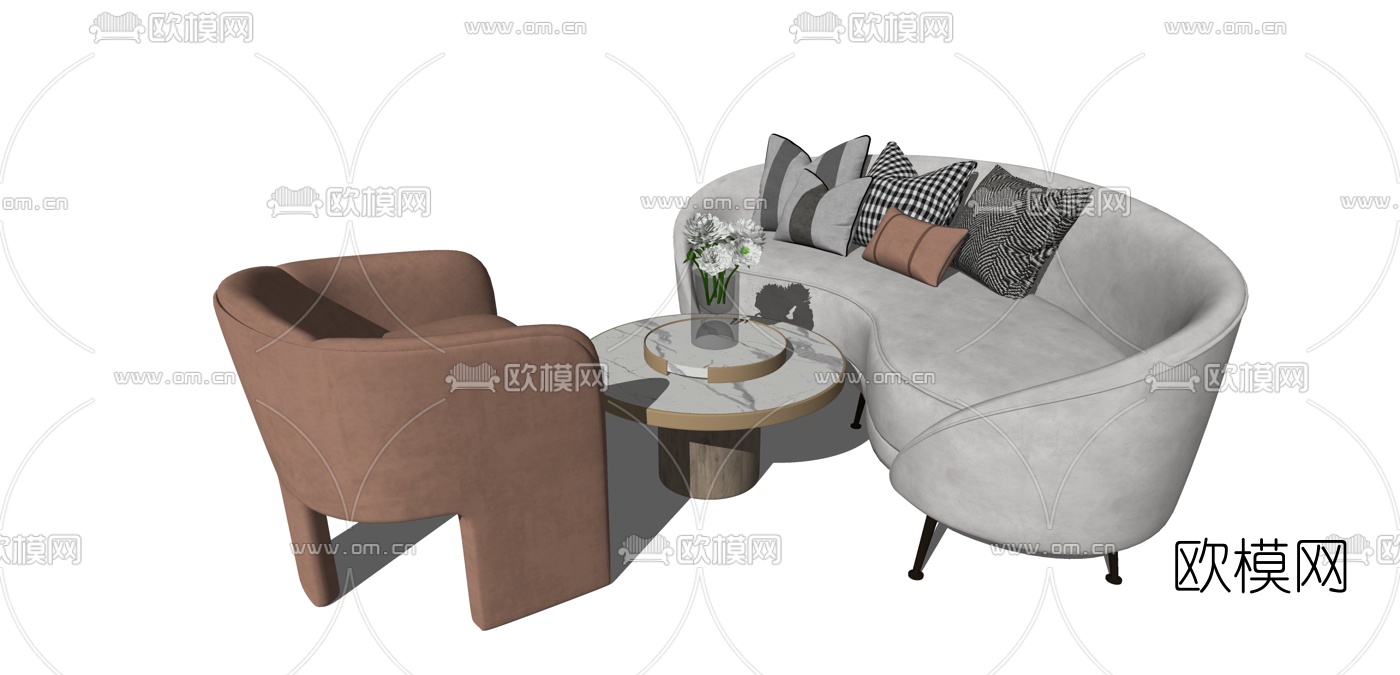 现代布艺弧形沙发su模型-免费3dmax模型库-欧模网