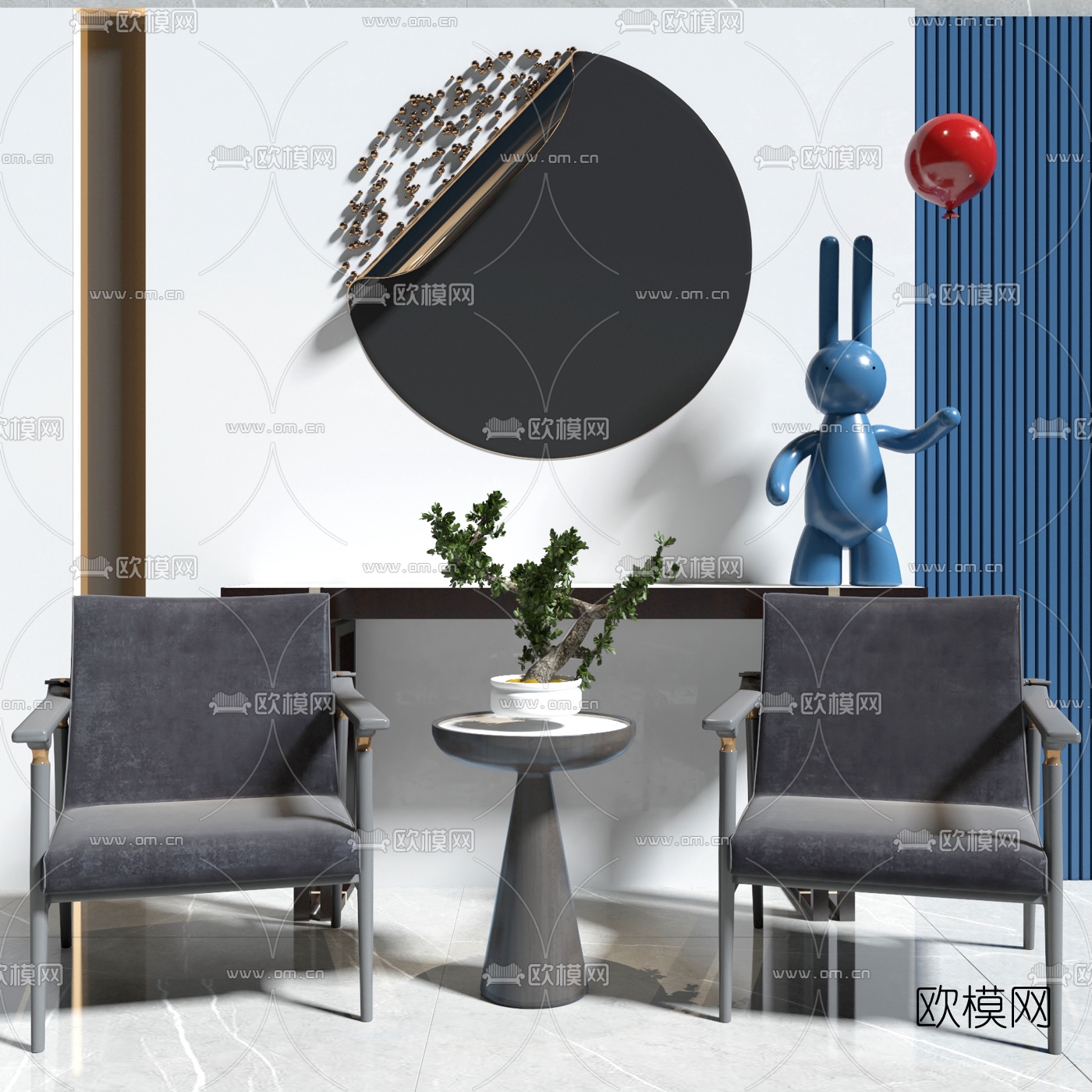 新中式绒布休闲椅边几3d模型下载