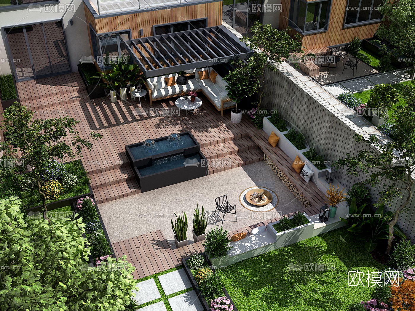 现代别墅庭院花园鸟瞰3d模型