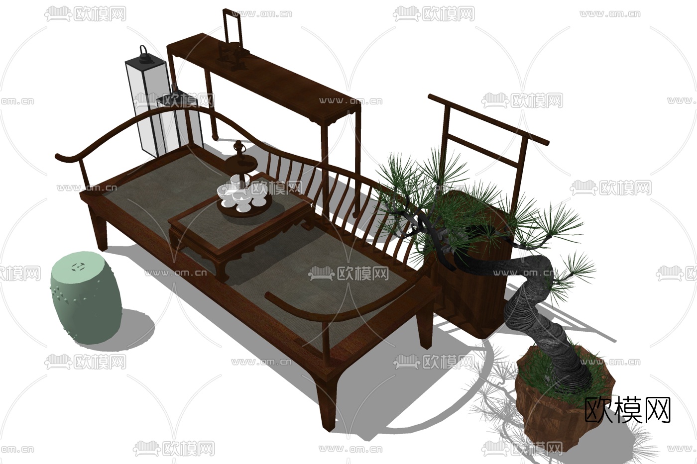 新中式罗汉床su模型下载