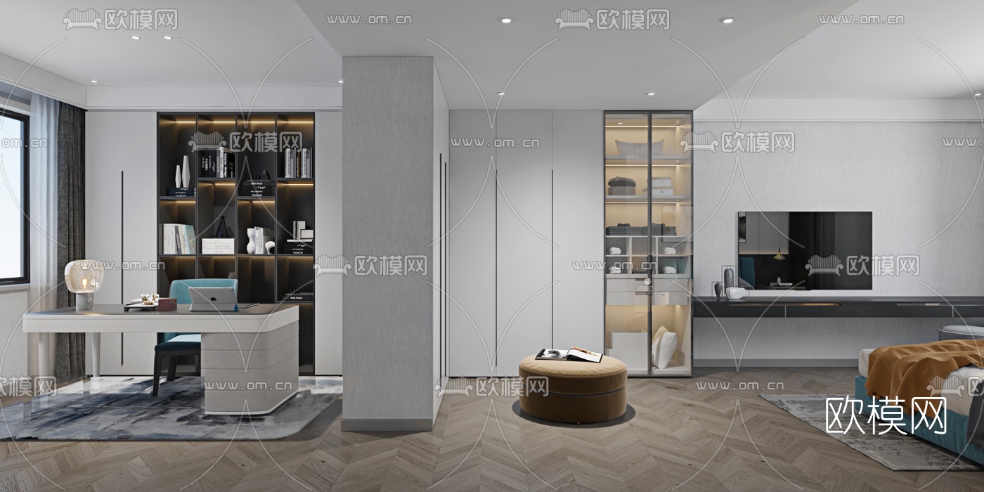 现代公寓卧室书房卫生间3d模型下载（渲染图3）