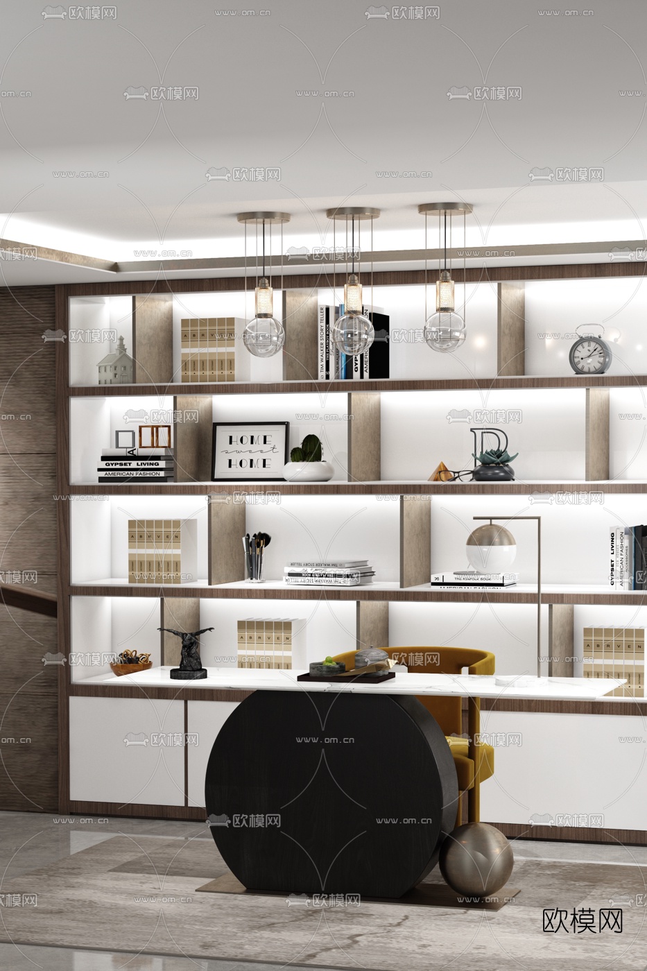 方黄设计 现代书房3d模型下载