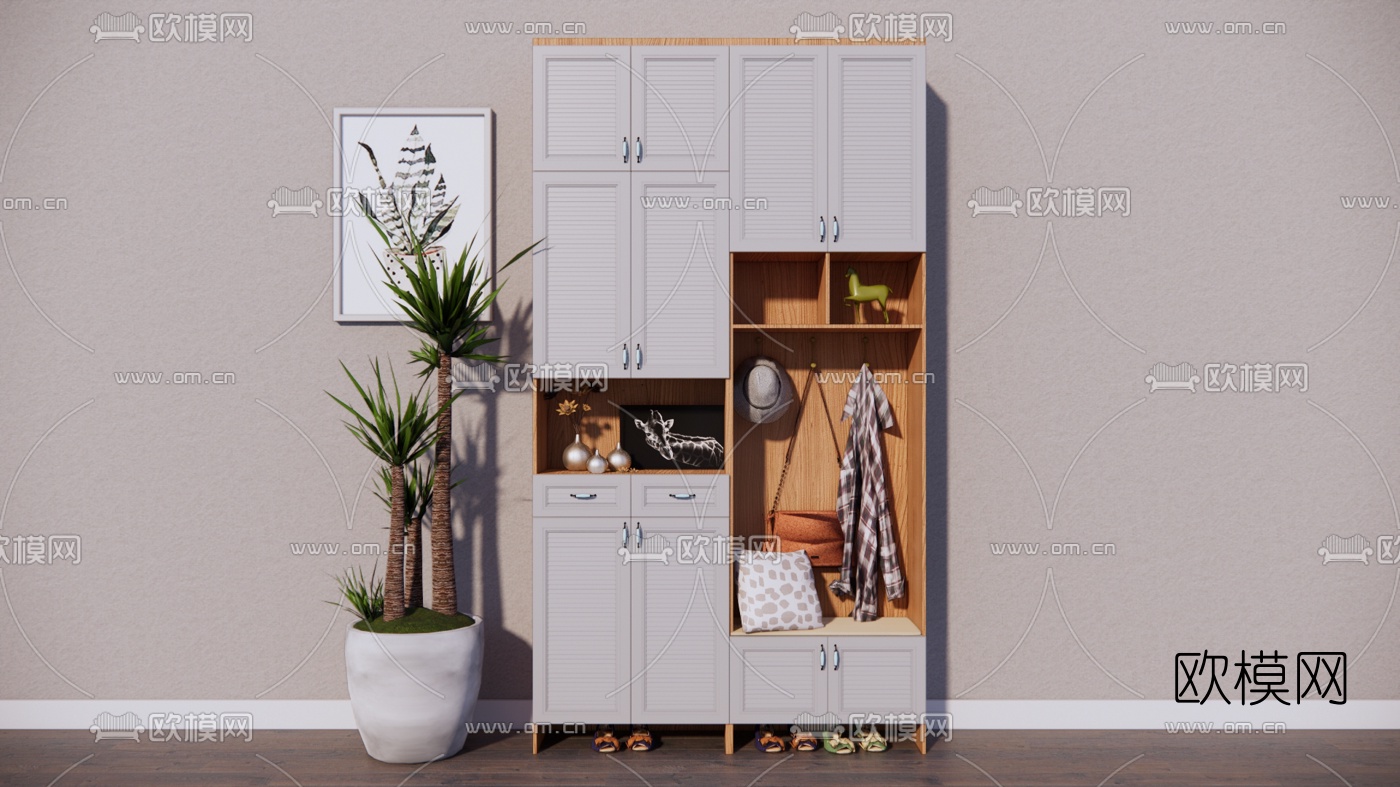 现代实木鞋柜su模型下载（渲染图1）