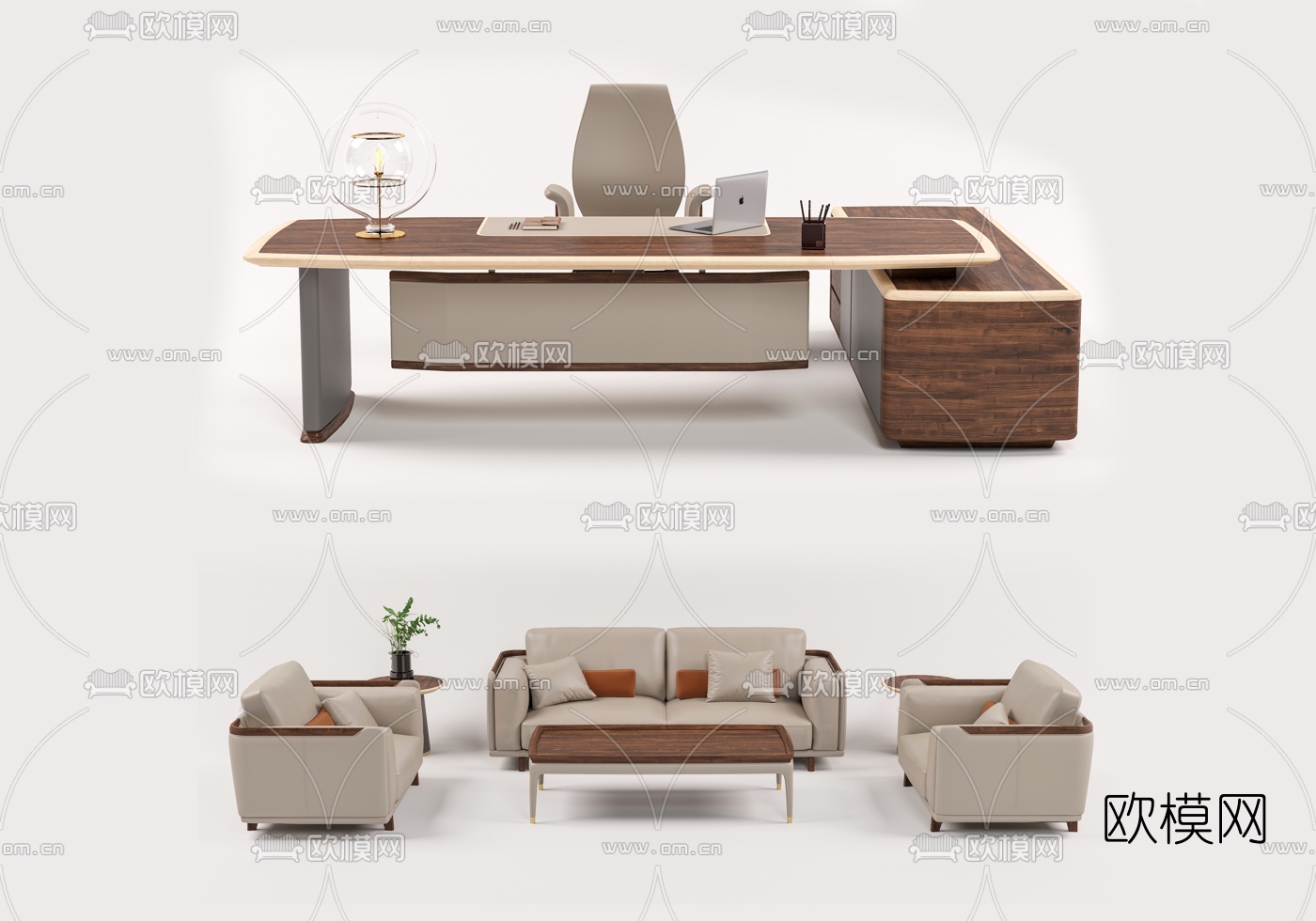 现代办公桌办公沙发免费3d模型下载（渲染图1）