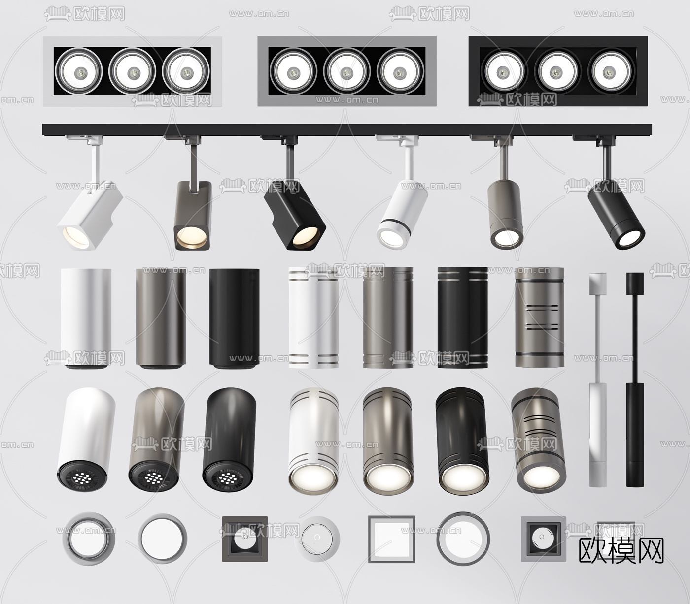 现代筒灯射灯轨道灯3d模型下载（渲染图1）