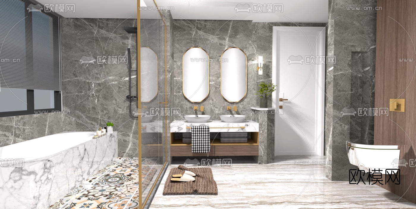 现代轻奢浴室卫生间su模型下载（渲染图1）
