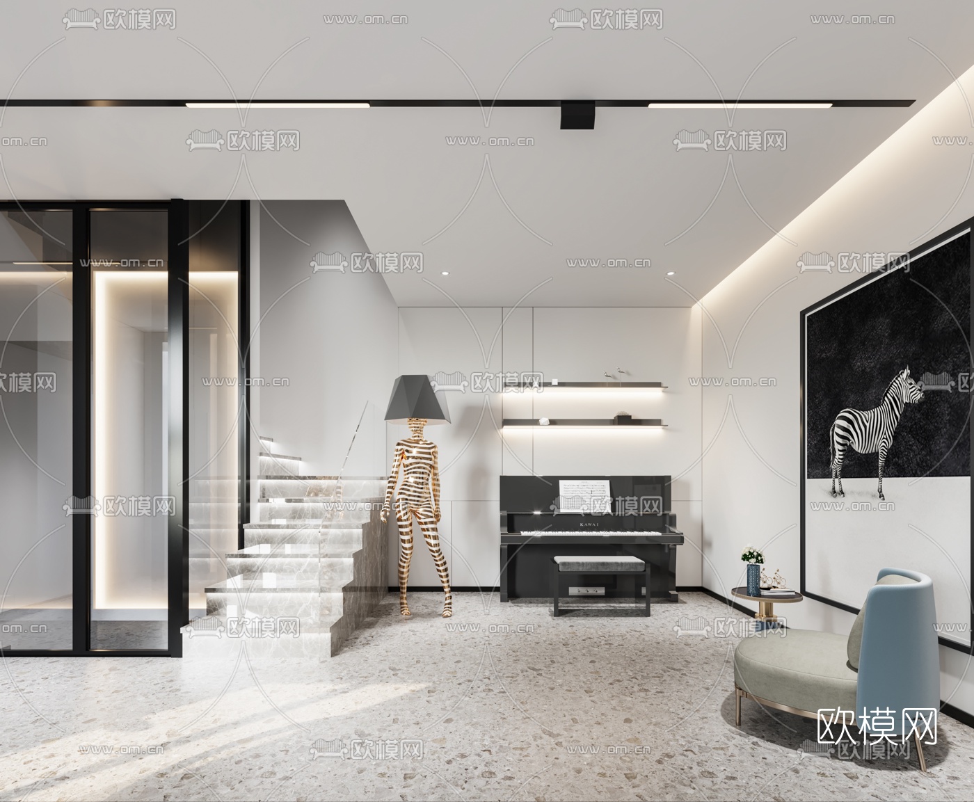 现代别墅客厅餐厅3d模型下载（渲染图2）