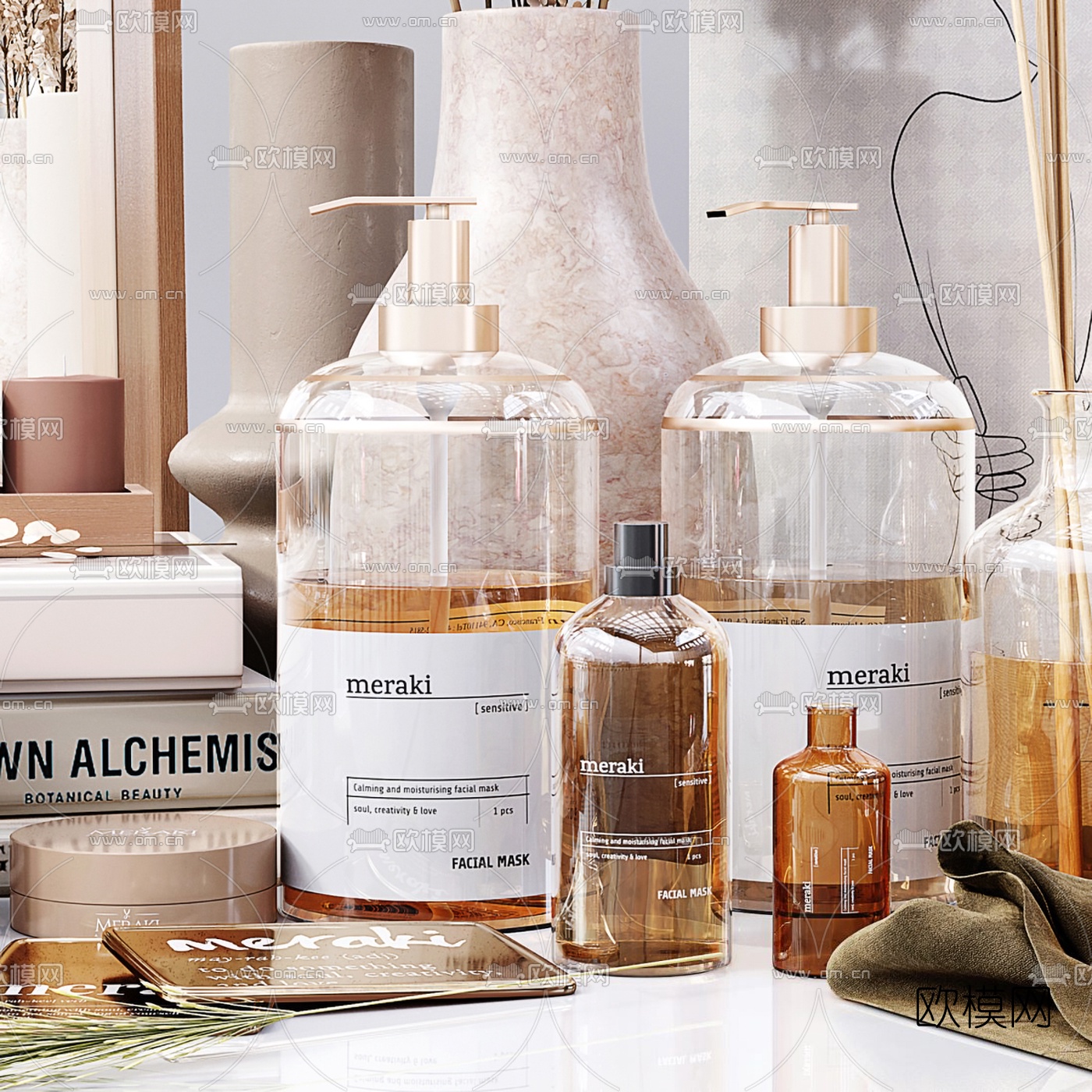 北欧干花镜子洗漱护肤品摆件3d模型下载（渲染图2）