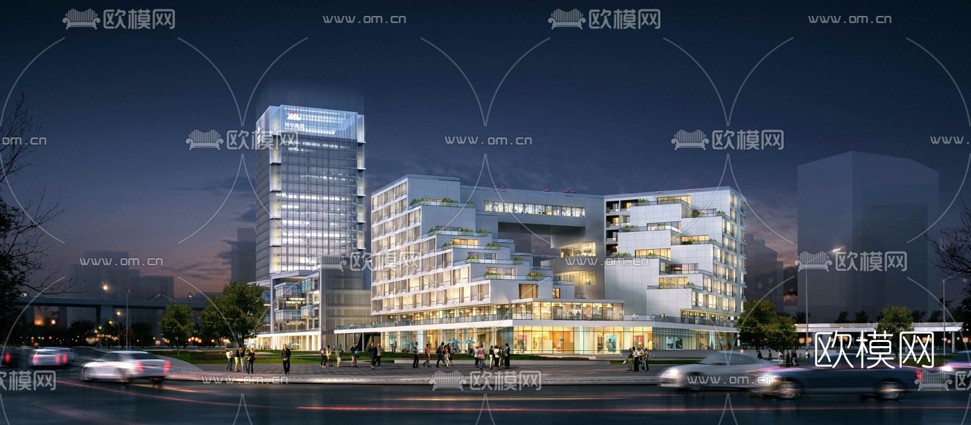 现代商业楼外观夜景3d模型下载