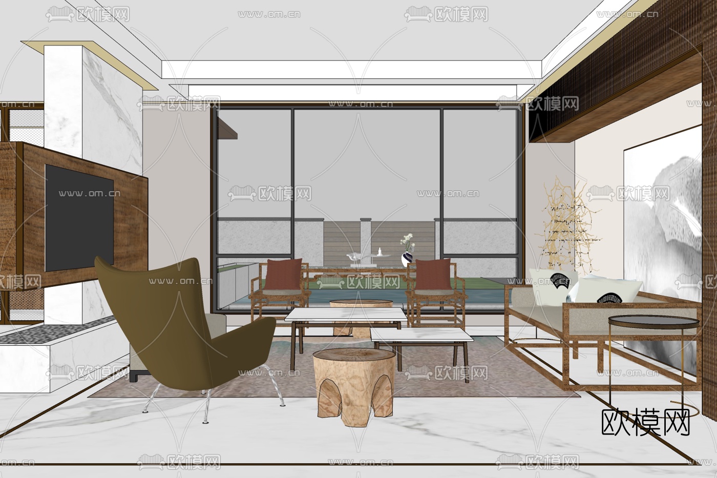 新中式简约客厅免费su模型下载