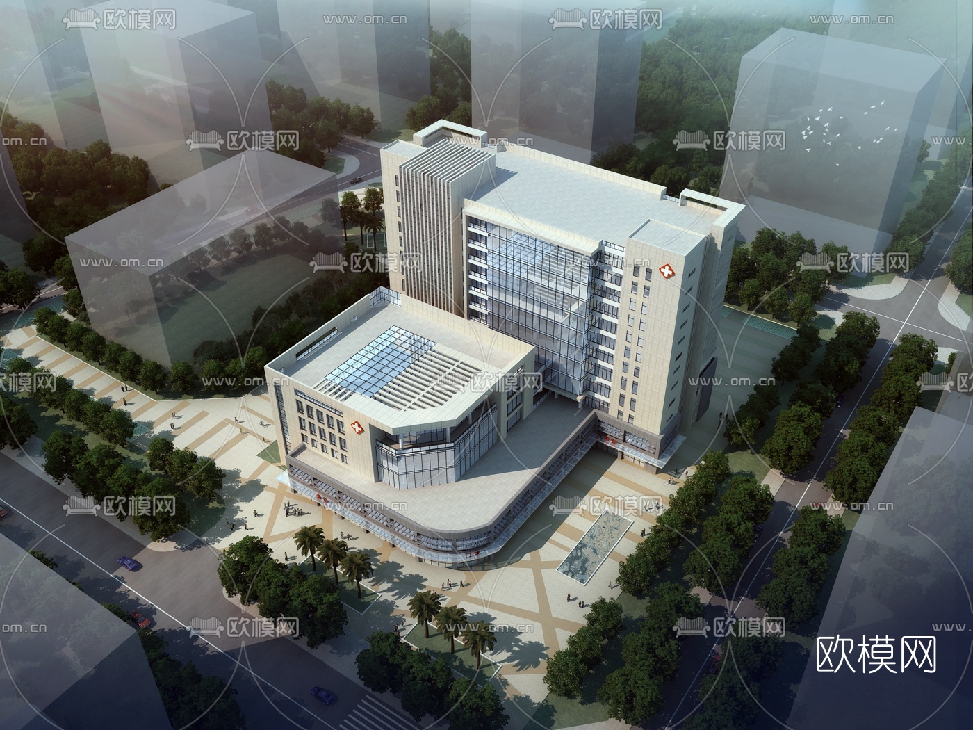 现代医院鸟瞰su模型下载（渲染图1）