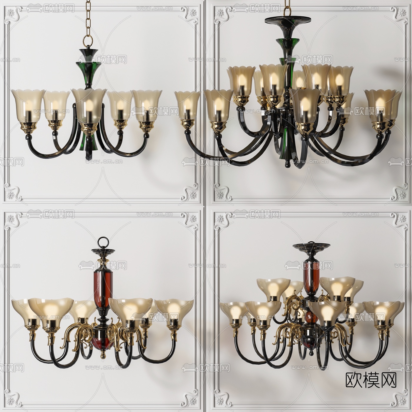 美式轻奢多头吊灯3d模型下载（渲染图1）