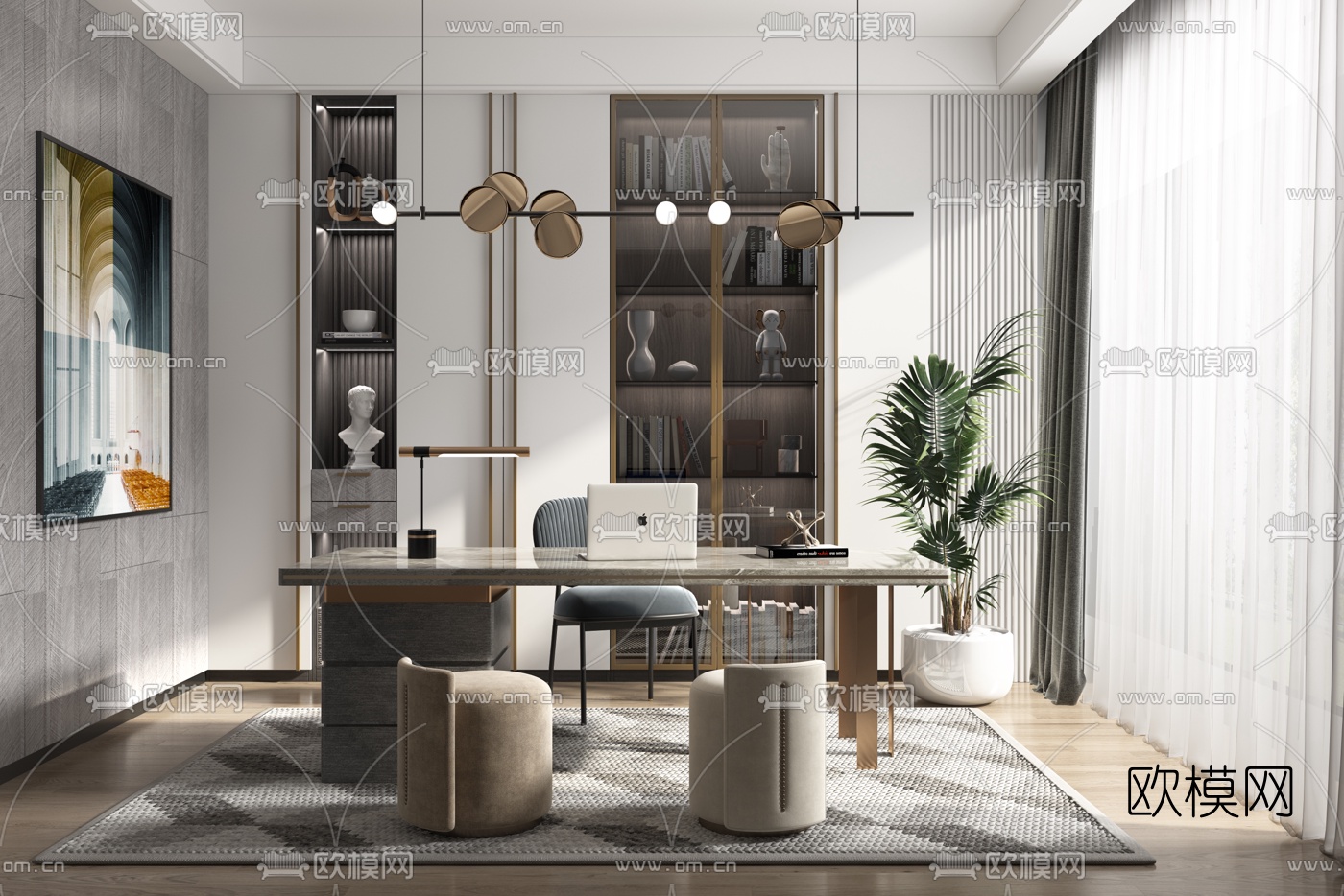 现代轻奢书房3d模型下载
