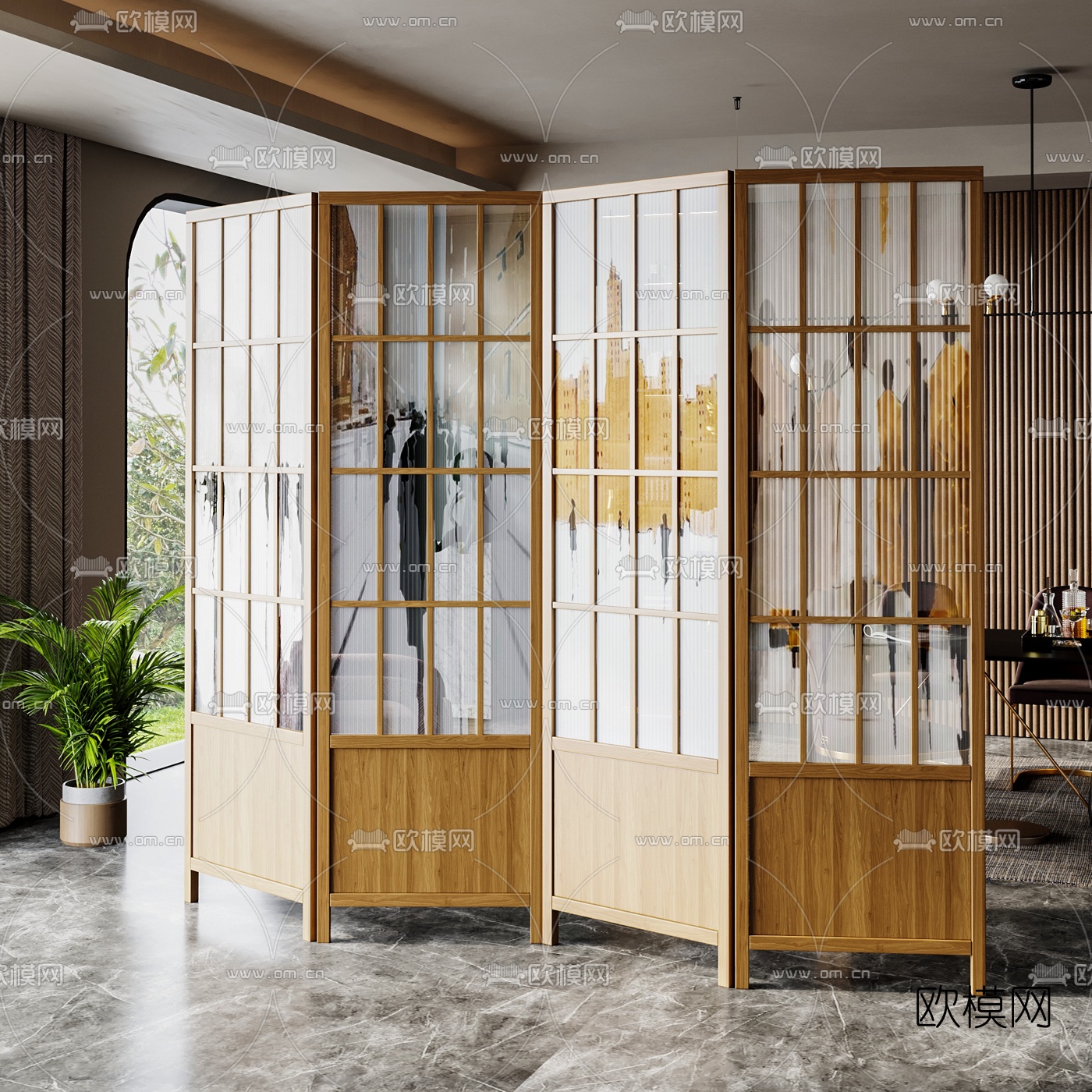 日式原木屏风隔断3d模型下载