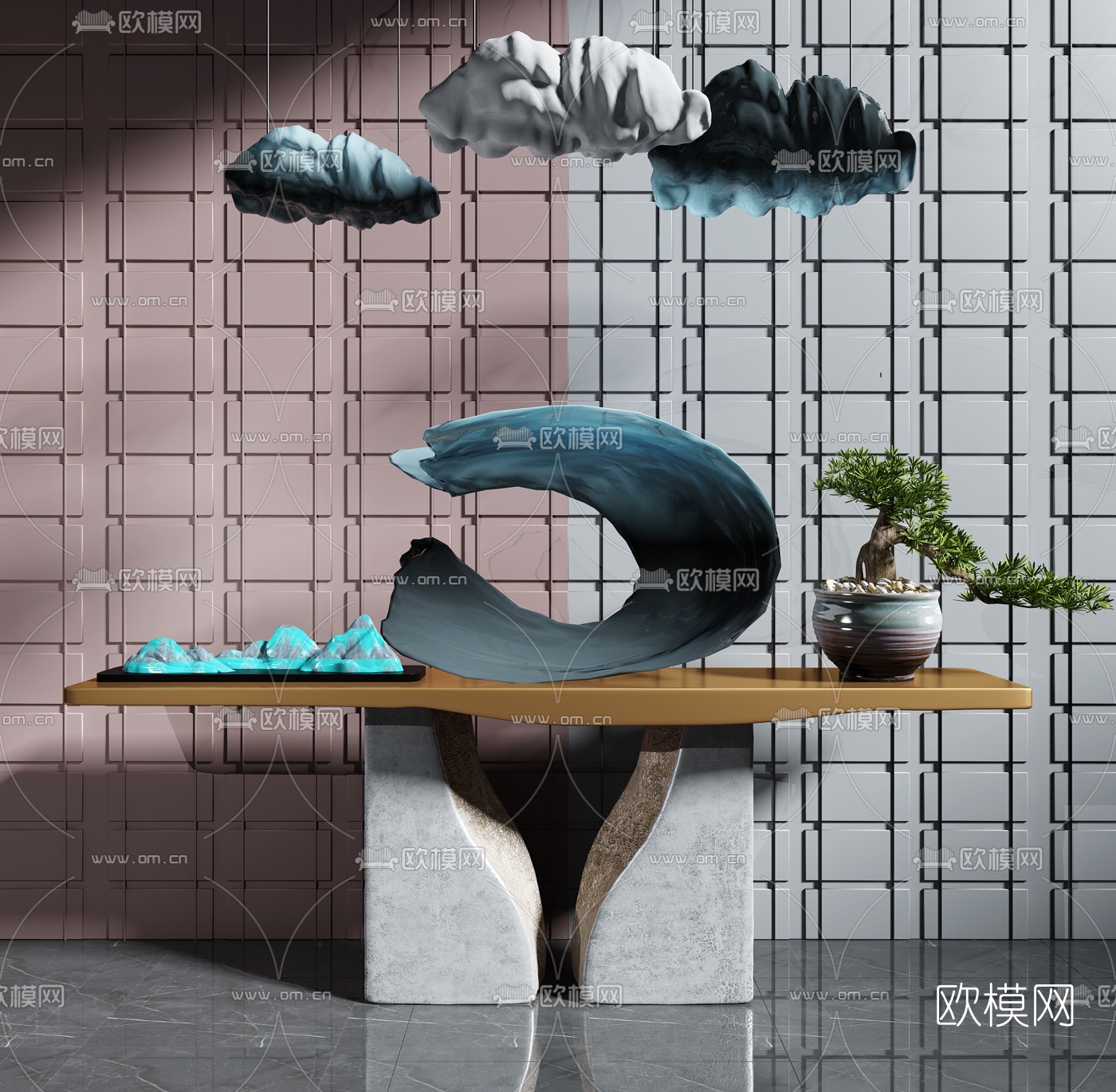 新中式端景条案3d模型下载