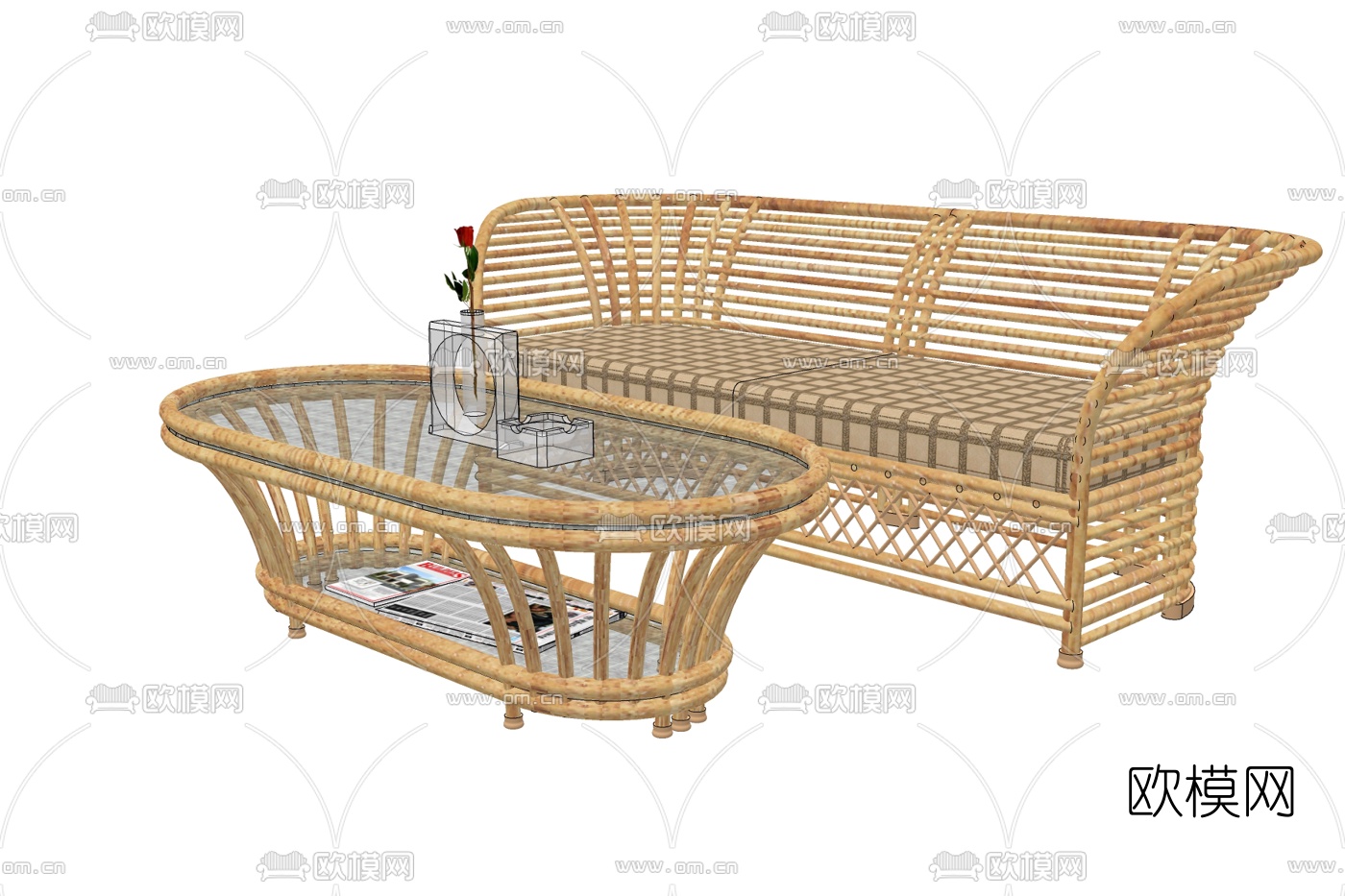 现代藤编多人沙发su模型下载
