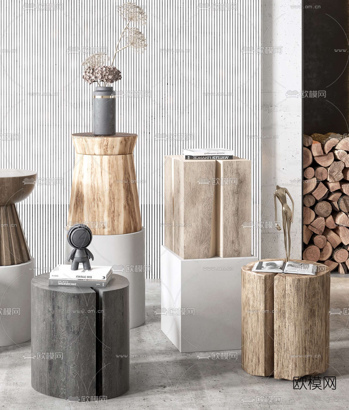 自然风原木圆几边几3d模型下载（渲染图3）