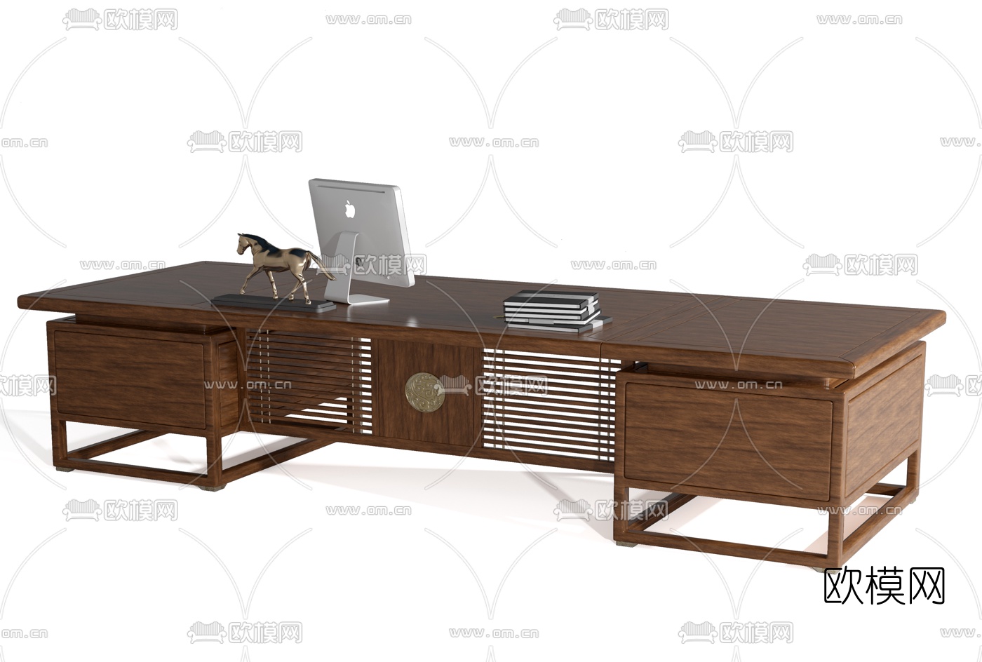 新中式实木博古架装饰柜书桌3d模型下载（渲染图2）