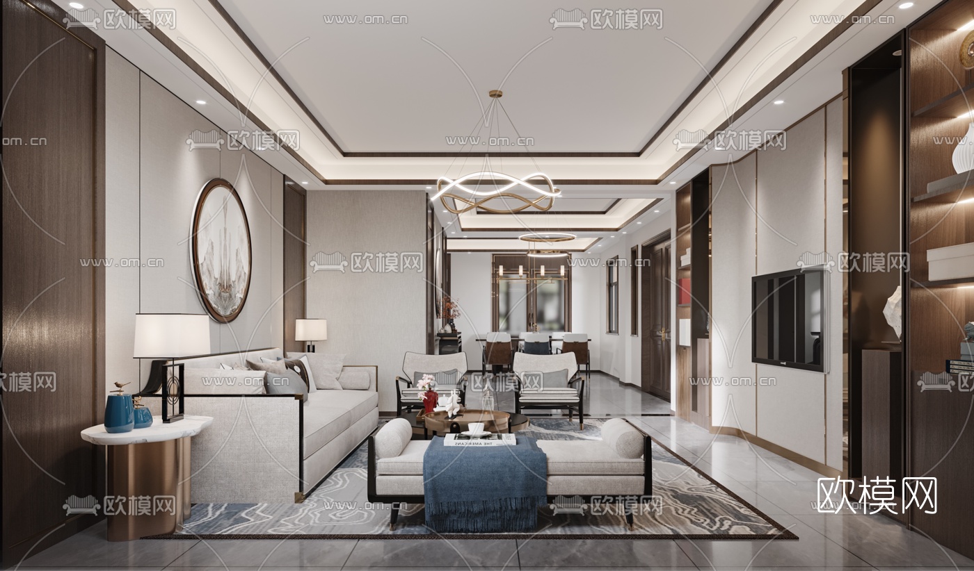 新中式客厅餐厅3d模型