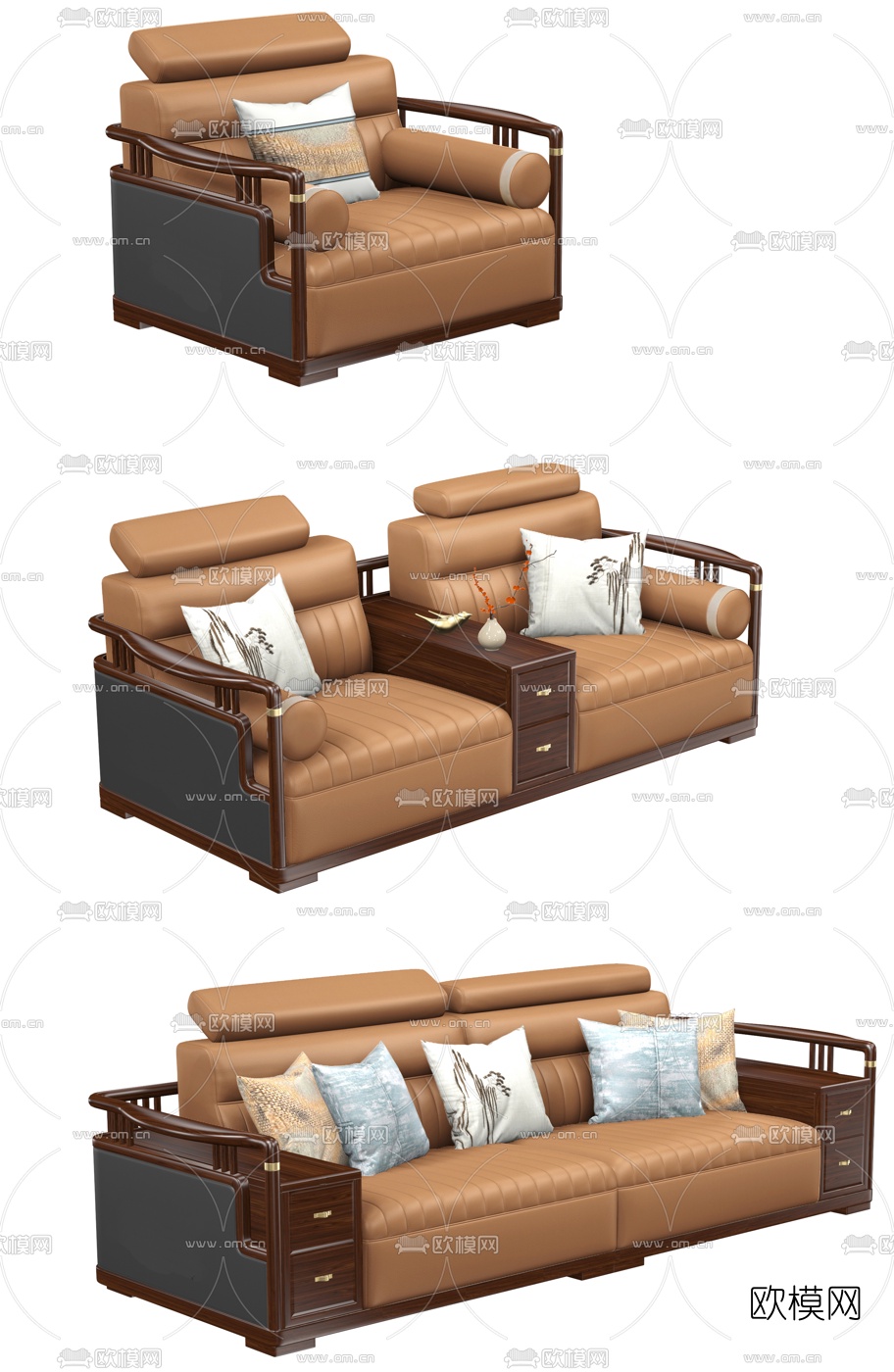 新中式实木皮革沙发3d模型下载