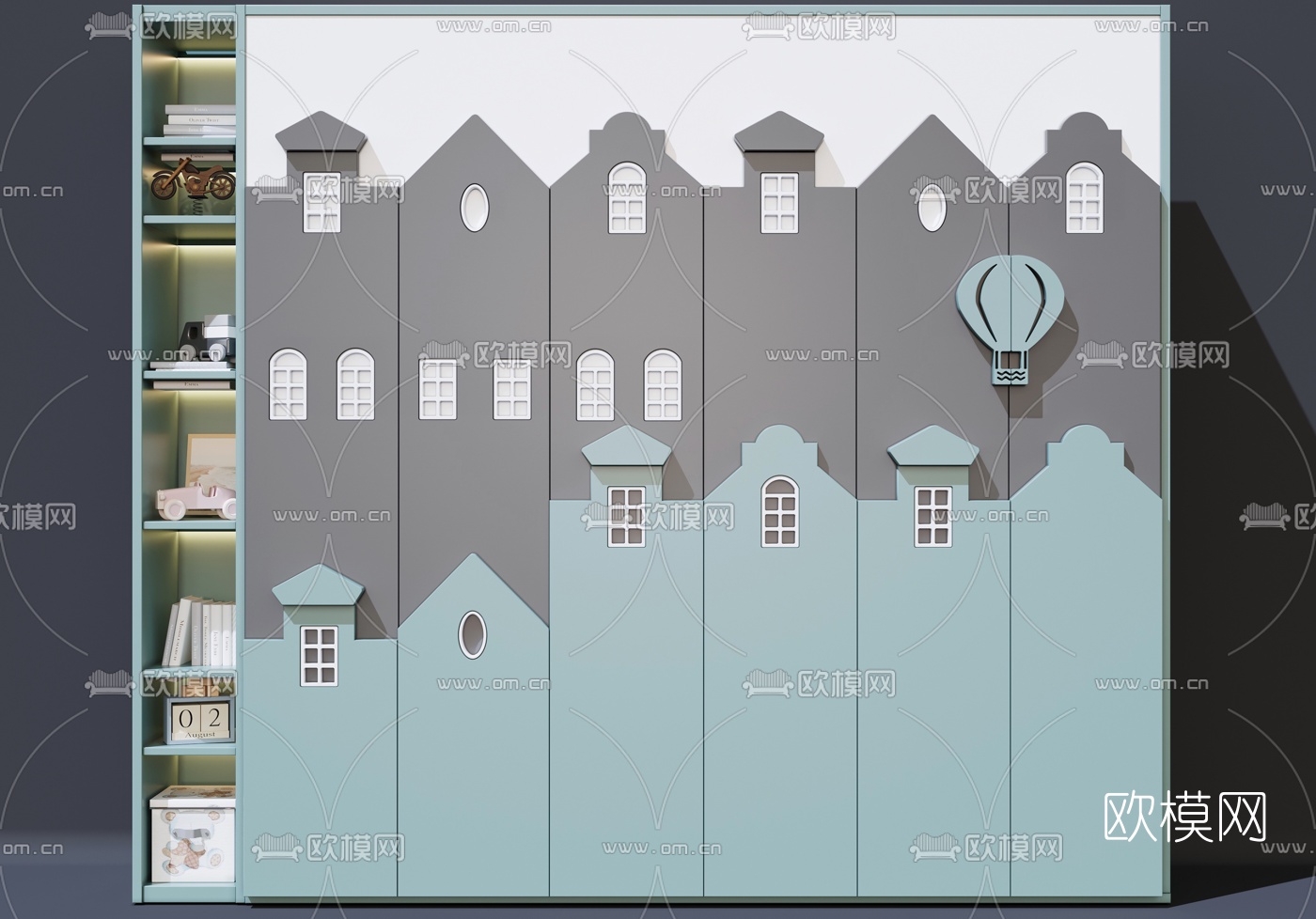 现代儿童衣柜书柜3d模型下载（渲染图1）