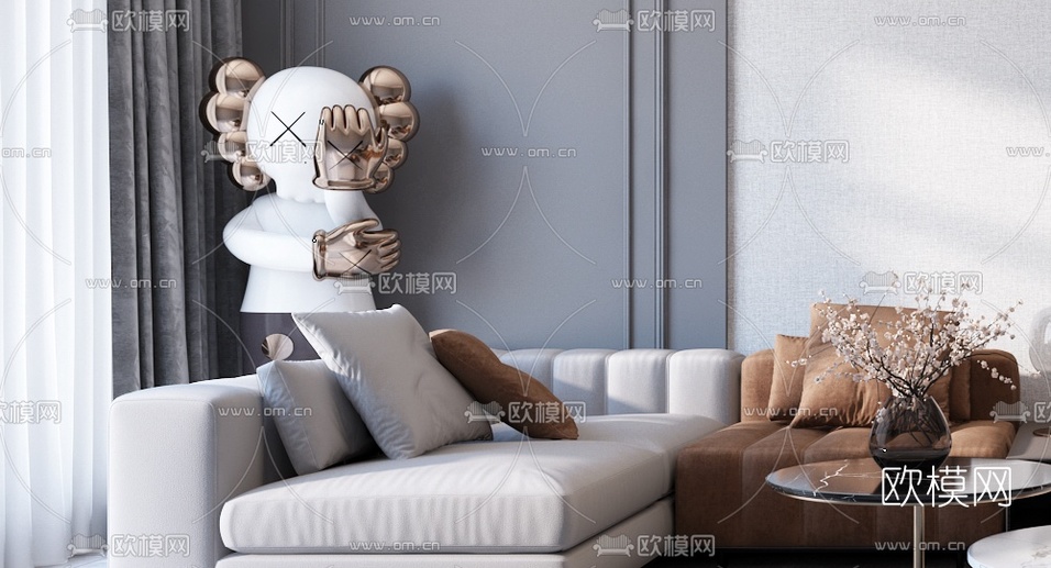 现代布艺沙发组合3d模型下载(渲染图4)