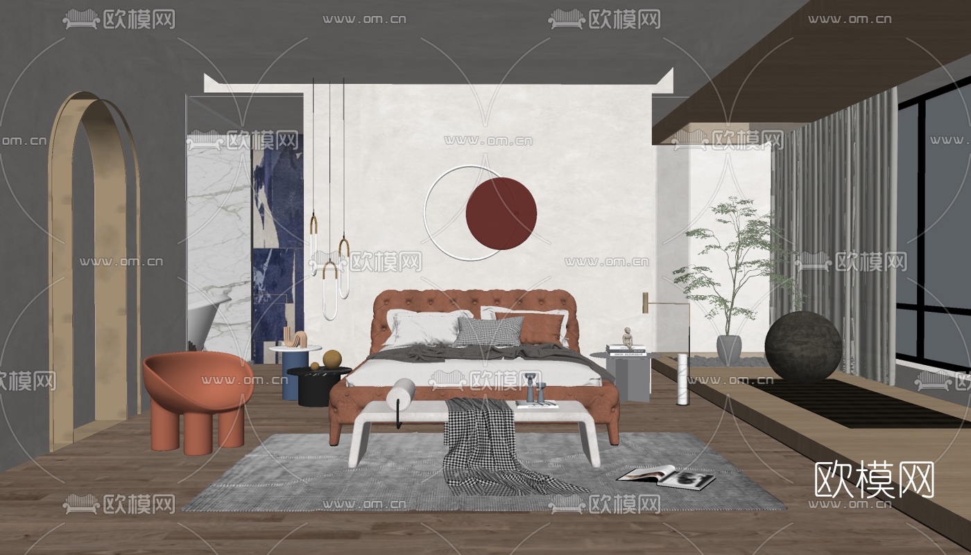 现代布艺双人床su模型下载