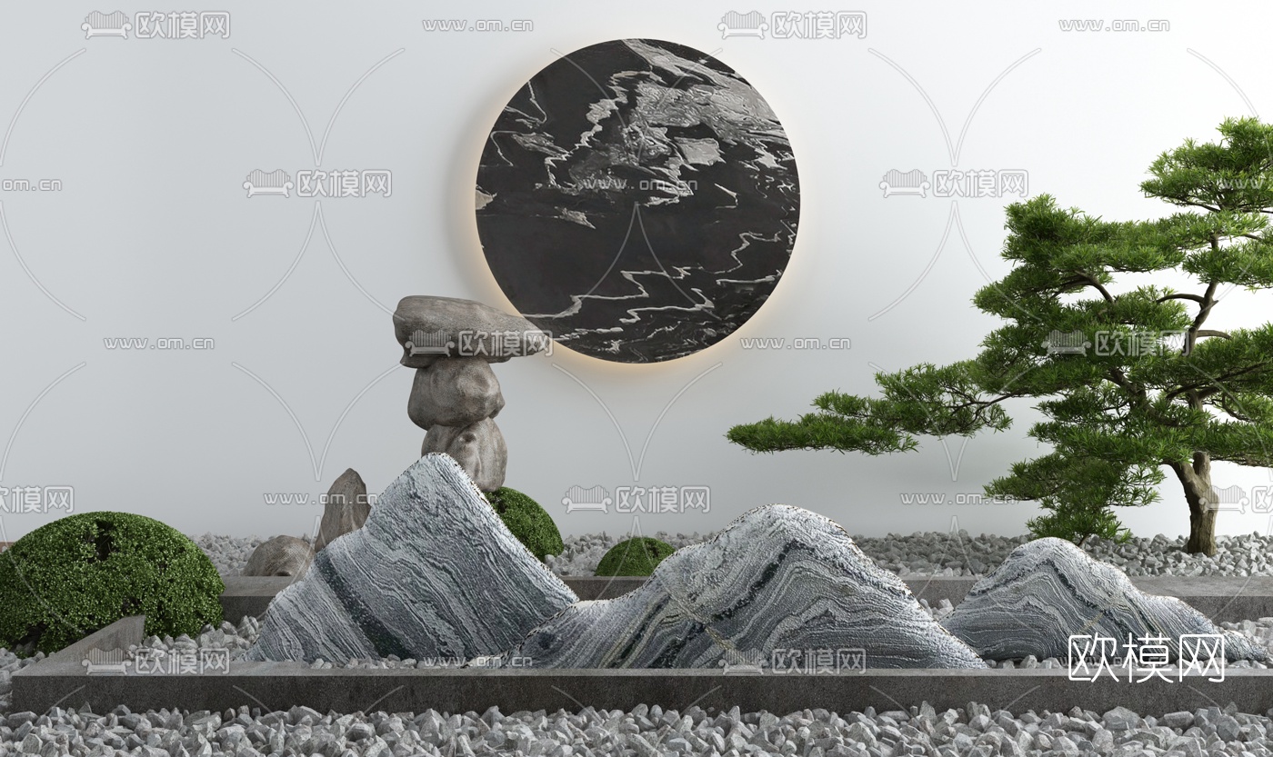 新中式松树假山景观小品3d模型