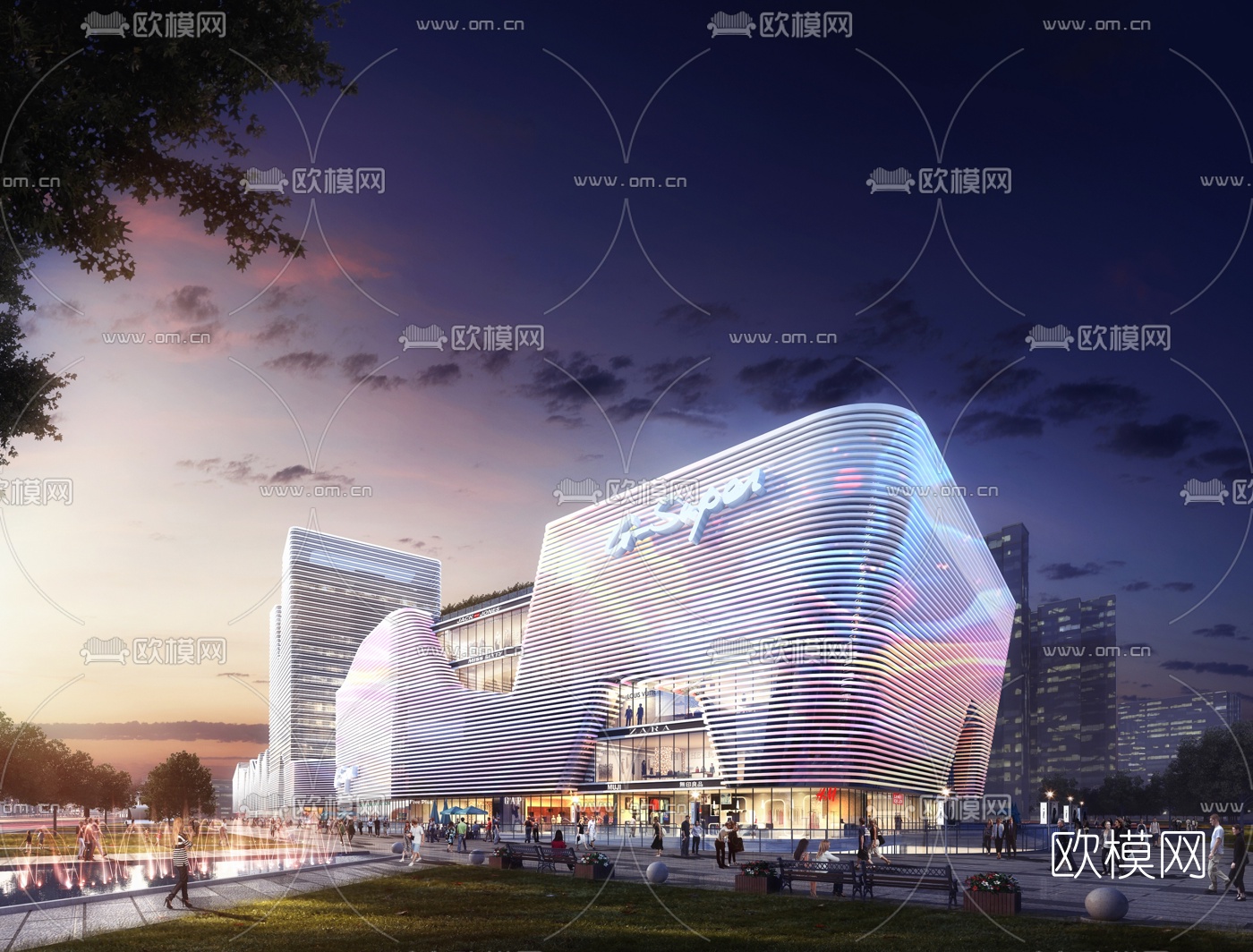 现代商业中心外观夜景3d模型下载