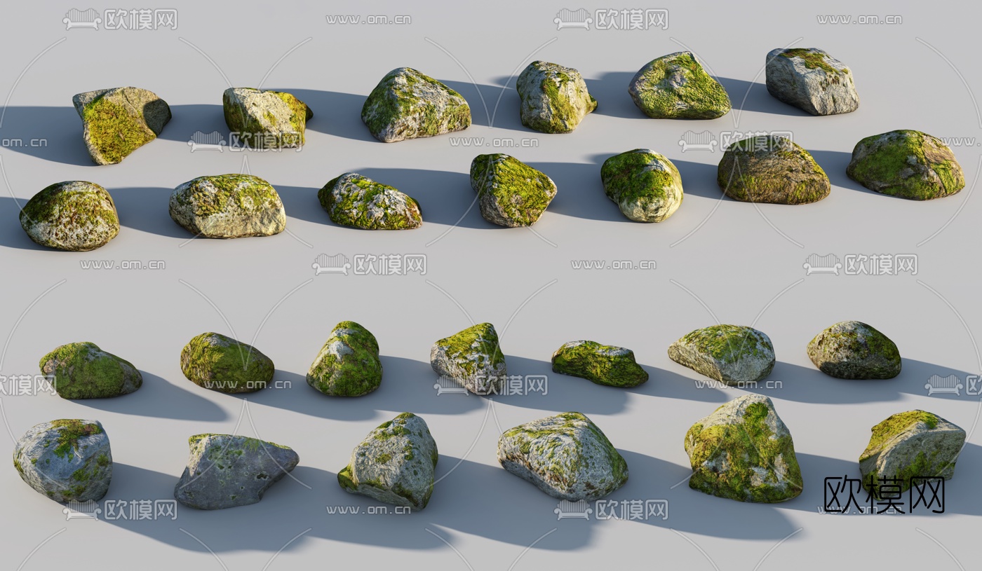 现代苔藓石头3d模型下载（渲染图1）