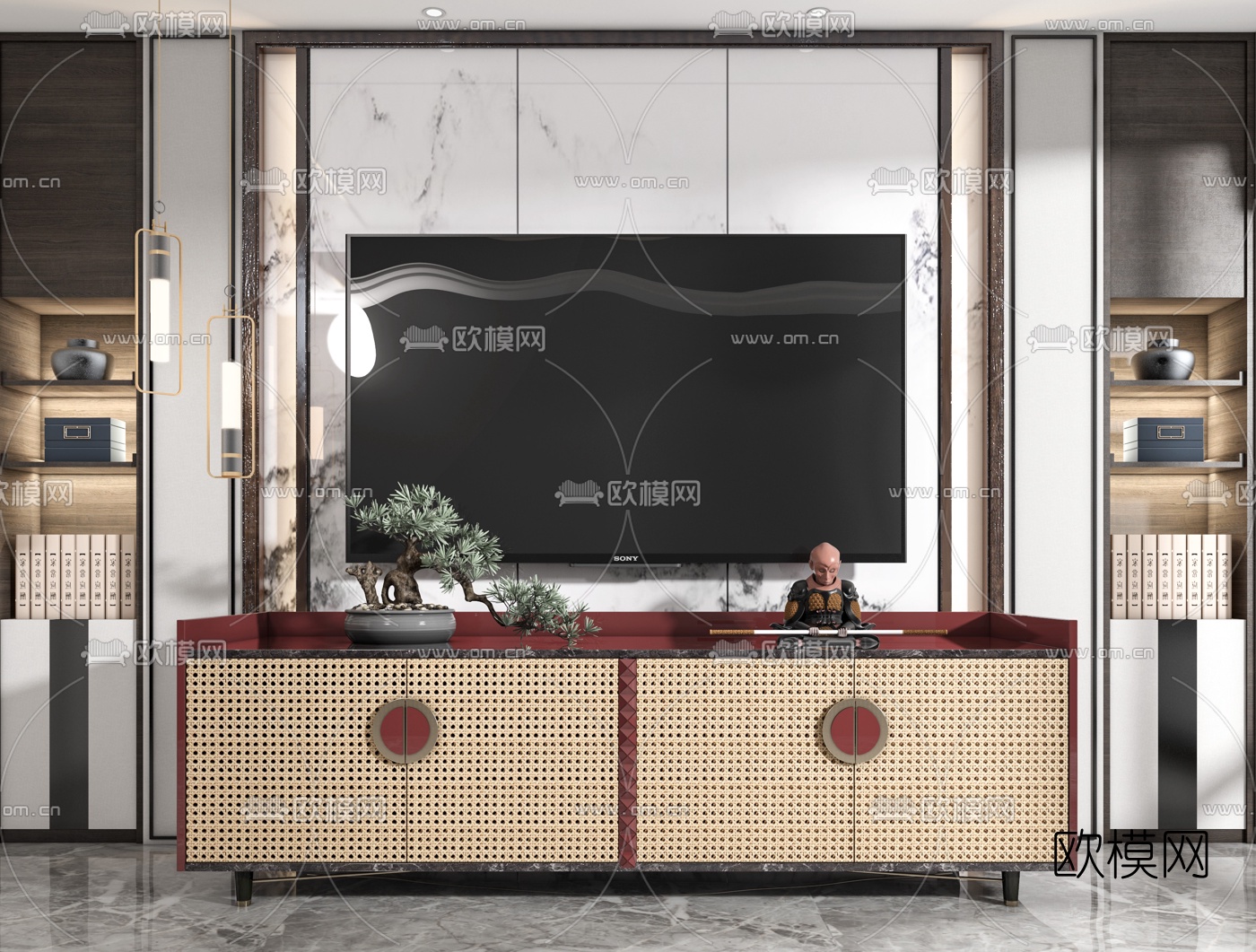新中式藤编电视柜3d模型下载