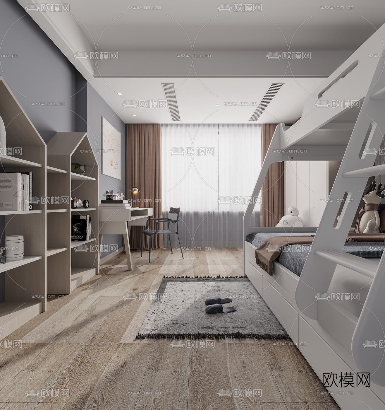 现代上下铺儿童房3d模型