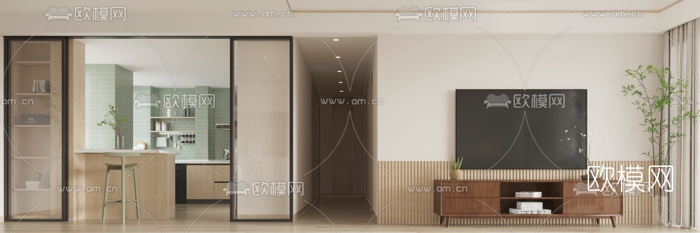 日式客厅餐厅3d模型下载（渲染图3）