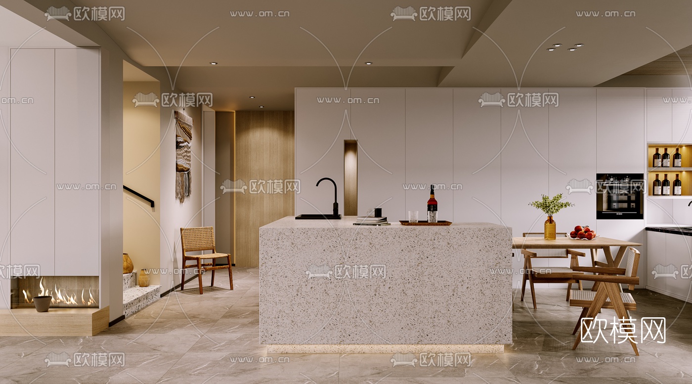 侘寂别墅客厅餐厅3d模型下载（渲染图2）