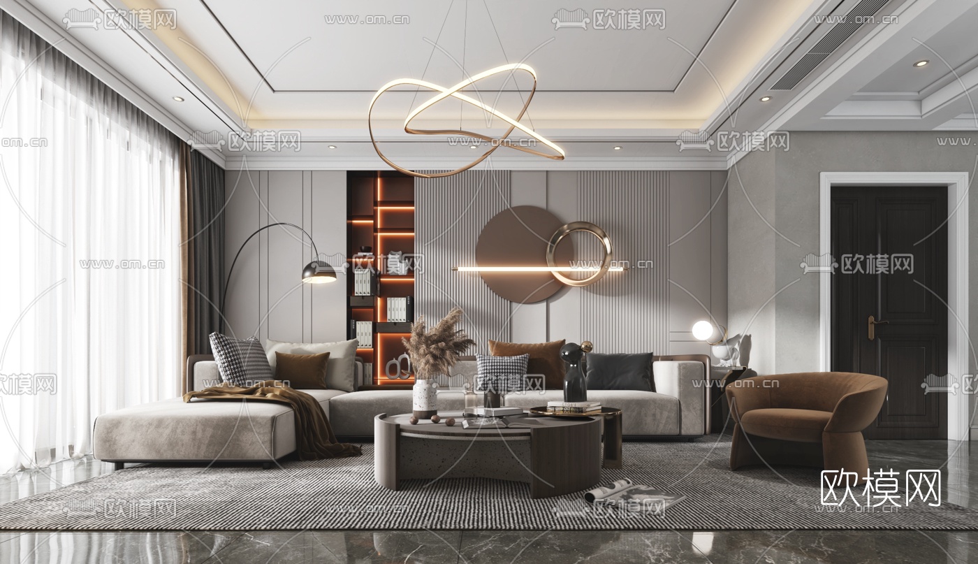 现代轻奢客厅3d模型下载（渲染图1）