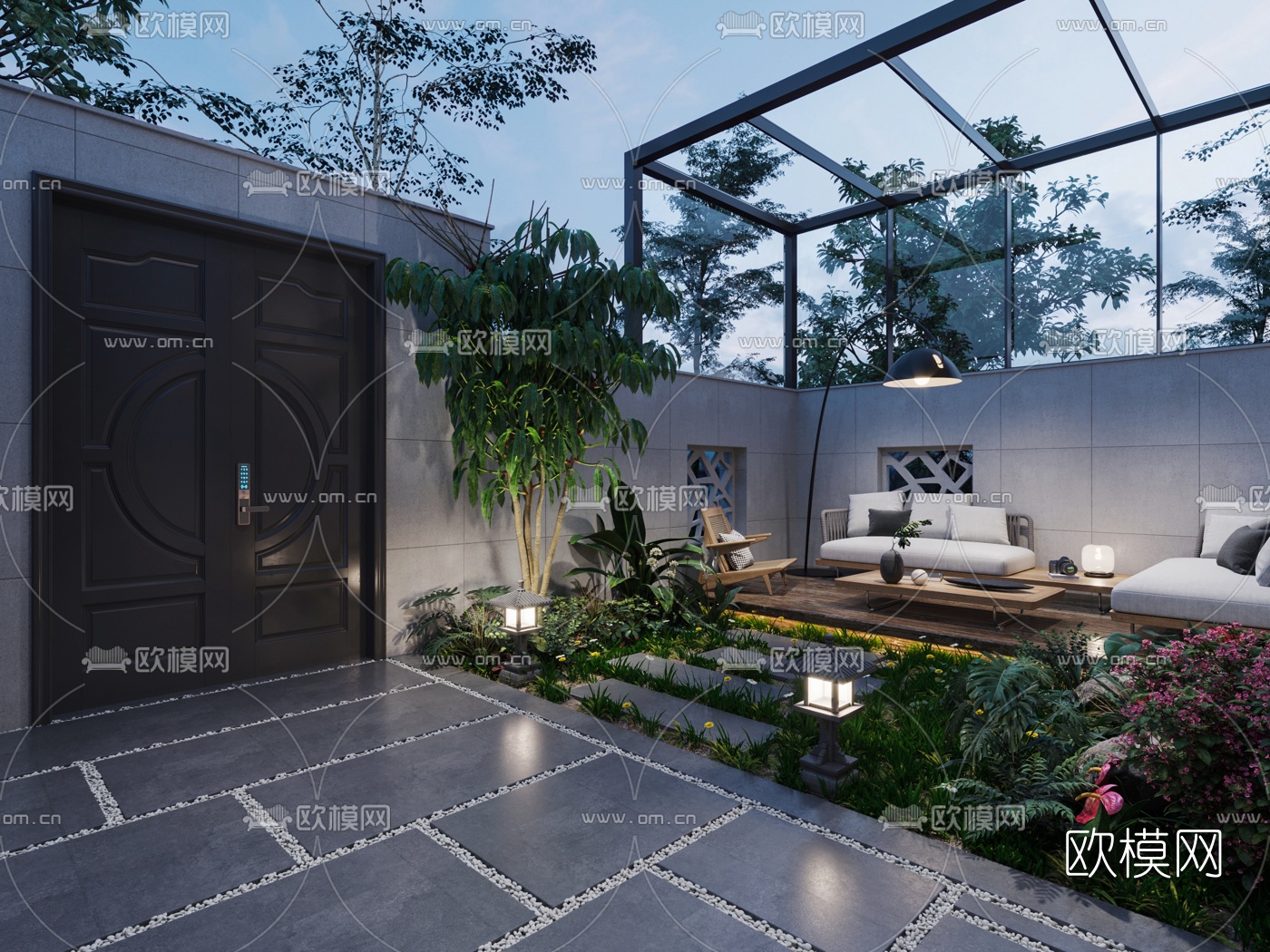 现代别墅庭院花园夜景3d模型下载（渲染图2）