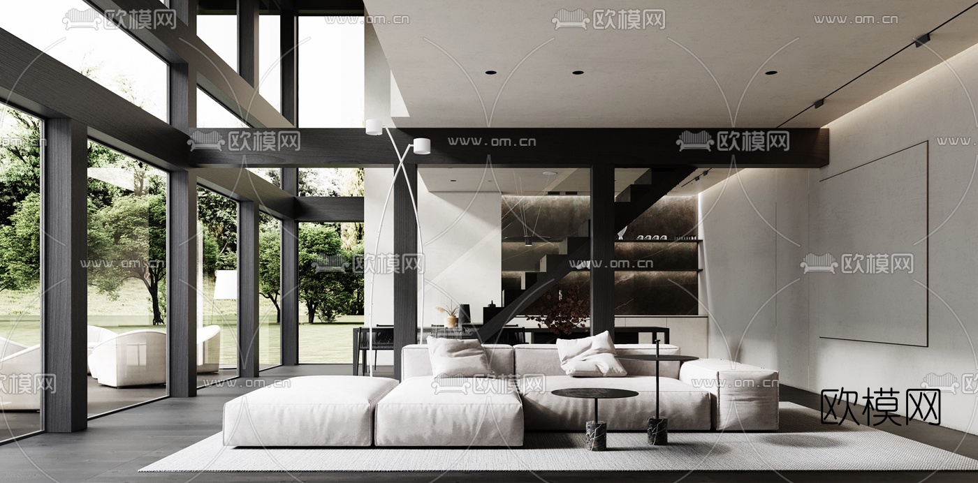 现代高级灰别墅客厅餐厅3d模型下载（渲染图1）