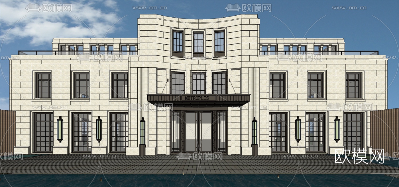 新古典会所建筑外观su模型下载（渲染图1）