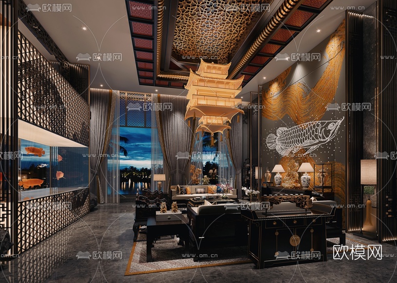 新中式会所大堂休息区3d模型下载