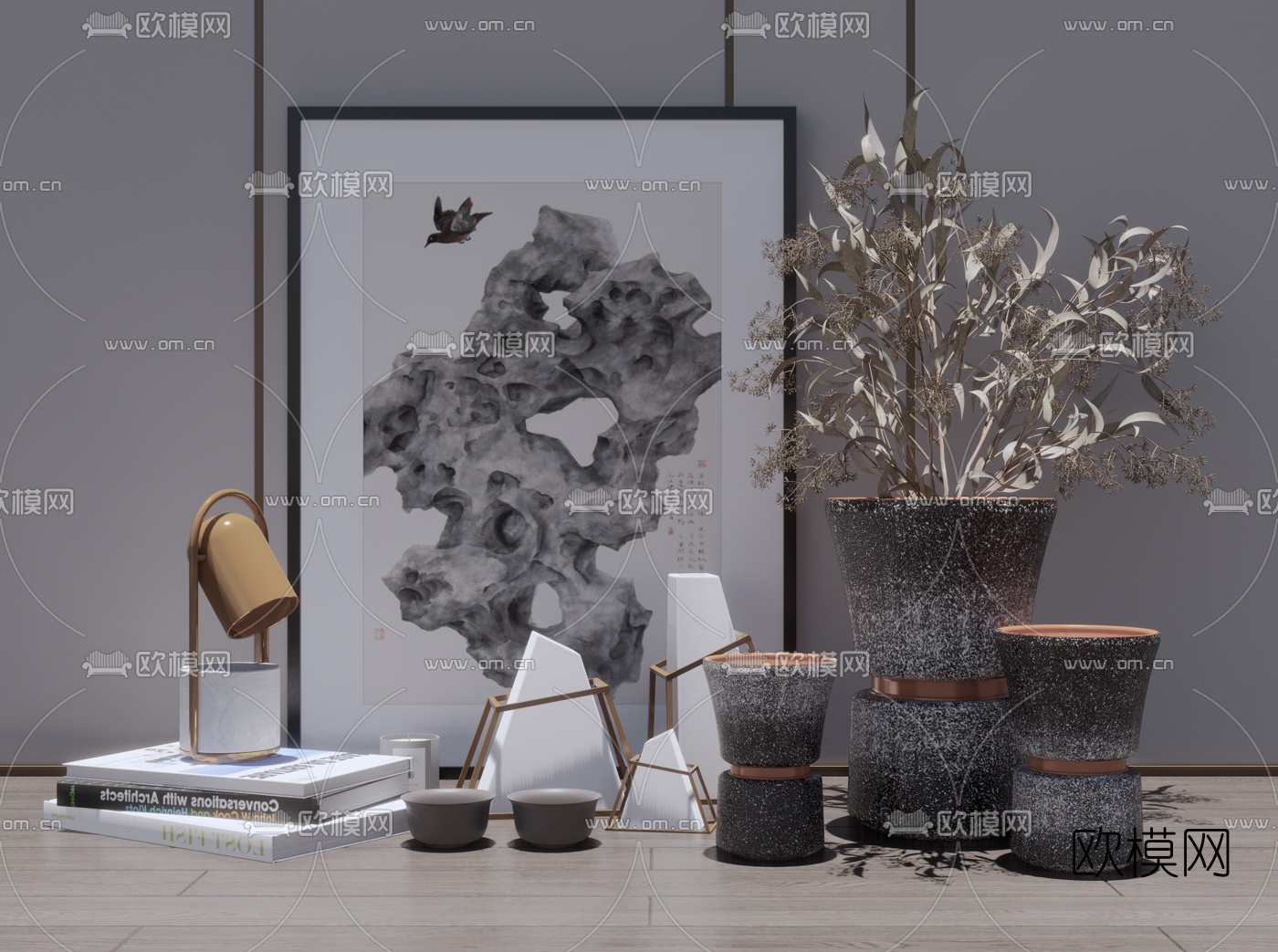 现代花卉书籍挂画摆件su模型