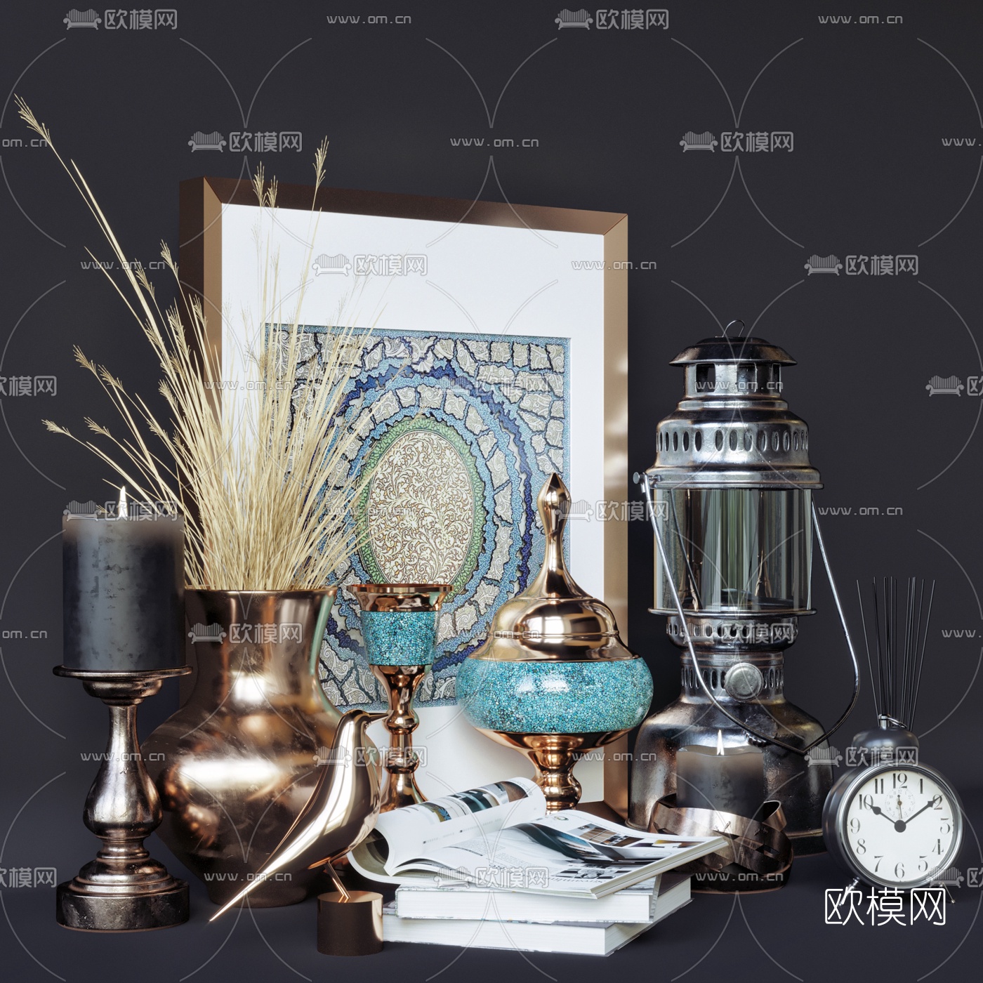 简欧金属器皿闹钟油灯摆件3d模型下载（渲染图2）