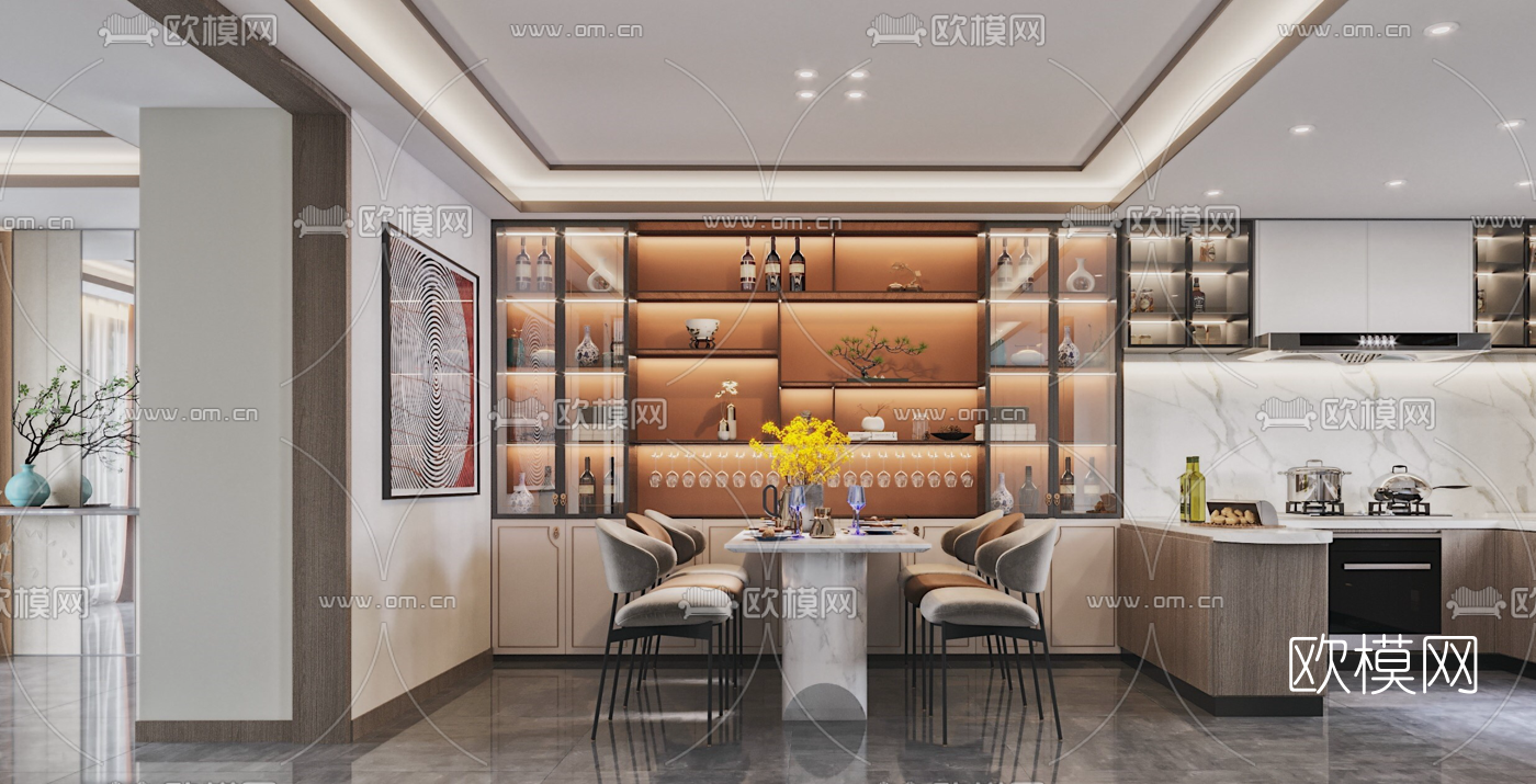 新中式复式轻奢客厅餐厅3d模型