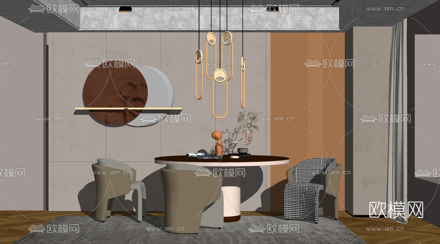 现代圆形餐桌椅 su模型下载（渲染图2）