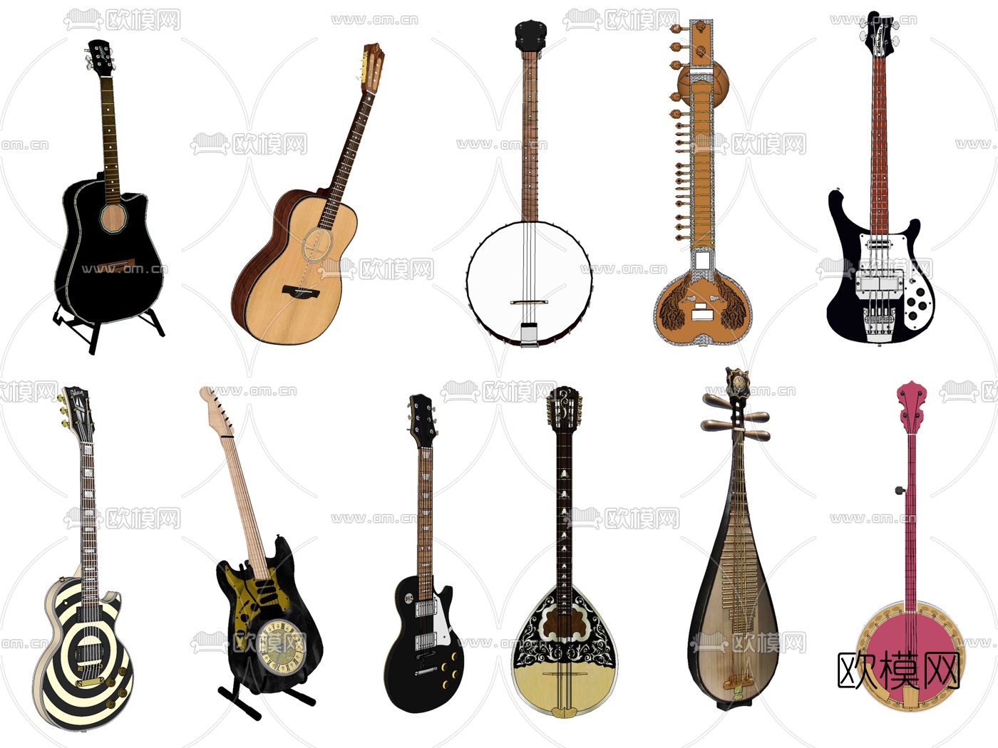 现代贝斯吉他古筝组合su模型下载