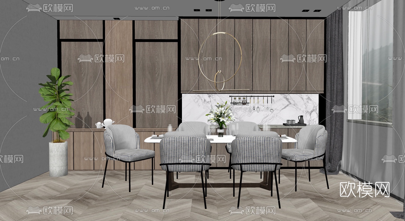 现代条形餐桌椅su模型下载（渲染图3）